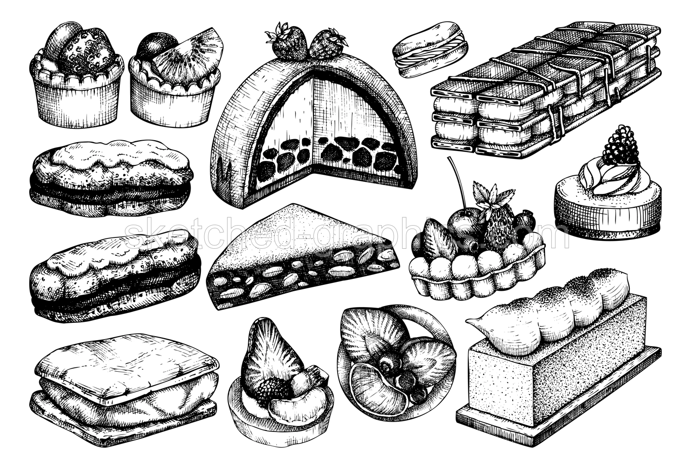 Hand drawn desserts illustrations set. Layer cakes, biscuits, eclairs,  vanilla slices, tartlets, cheesecake, meringue sketches isolated on white. Vintage food drawing for confectionery or bakery shop Illustration